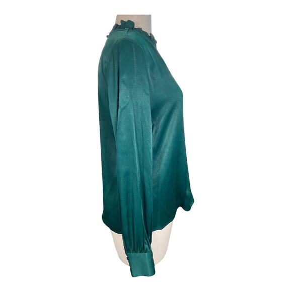 Rachel Parcell Satin Green High Neck Blouse Size S | Ruffle Trim Long Sleeve - Picture 3 of 12